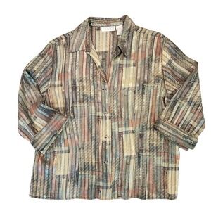 CAVIAR Vintage Semi Sheer Blouse L  Vertical Stripe Art To Wear Button Up Top XL